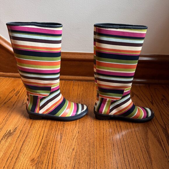 COACH Womens Pammie Rain Boots Size 6B Colorful Stripes Rubber Mid Calf Slip On - Picture 5 of 10